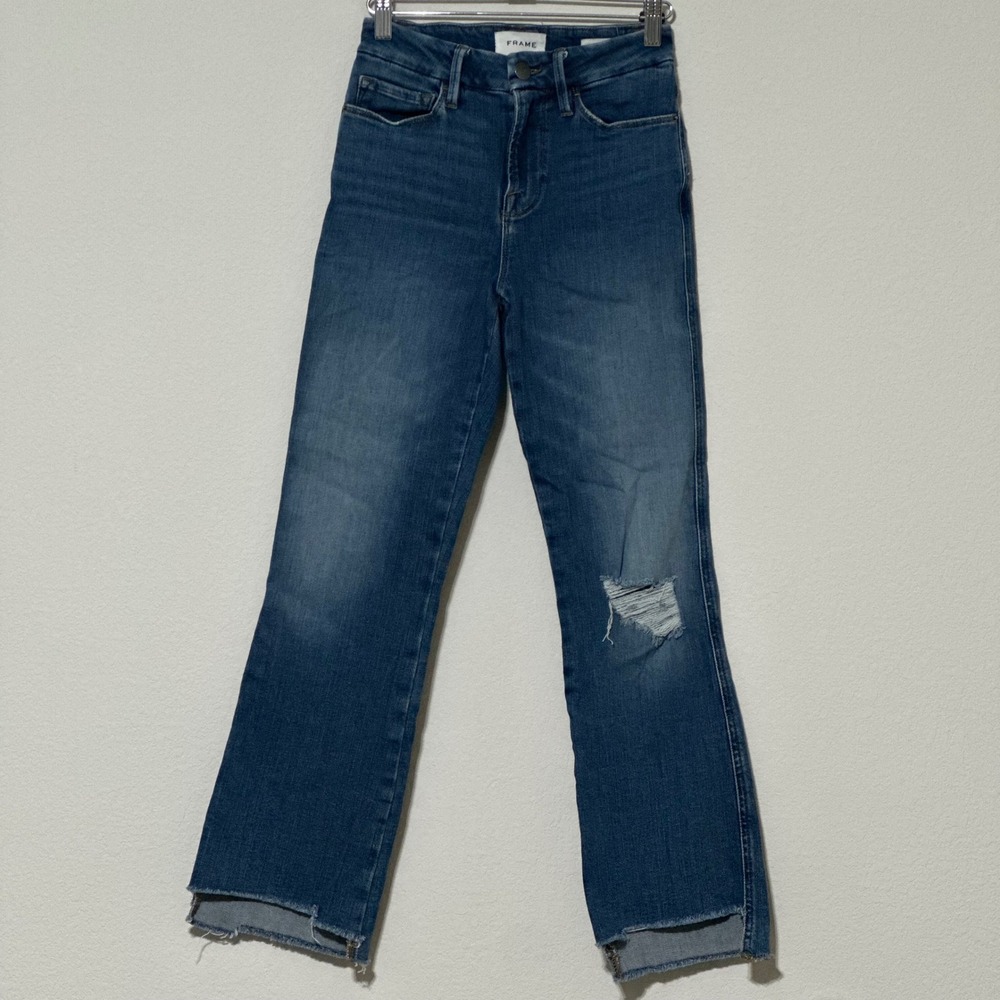 Frame Le Crop Mini Boot Jeans Size 26 Blue Medium Wash Raw Hem
